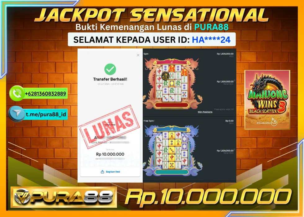 PURA88 JACKPOT MAHJONG WINS 3 BLACK SCATTER Rp 10.000.000,- LUNAS